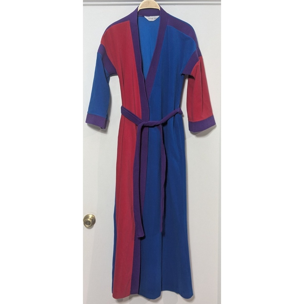 VTG 70s Vanity Fair Robe Adult Small Blue Red Purple Colorblock Dacron Poly‎ USA